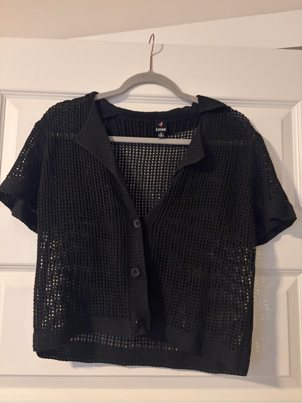 Black Open-Weave Short Sleeve Button Down Top